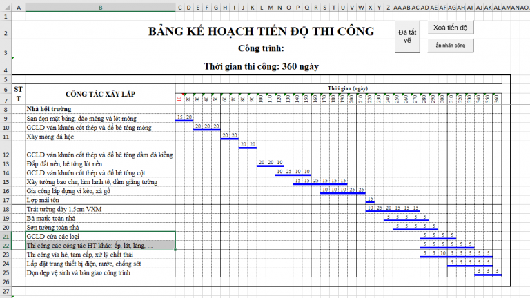 Mẫu tiến độ thi công file excel